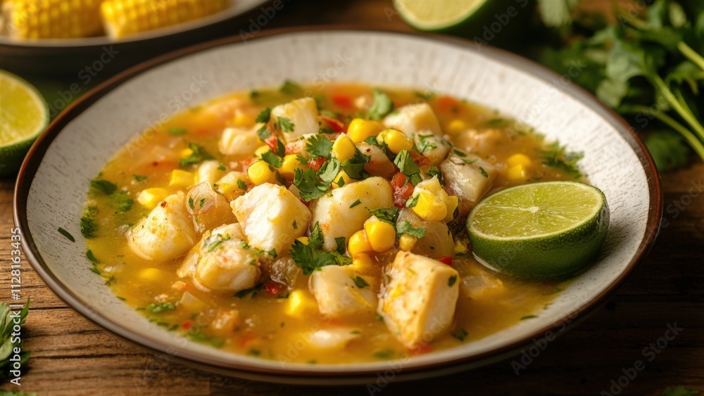 Bowl of Fish and Corn Chowder Garnished with Lime Bowl of Fish and Corn Chowder Garnished with Lime