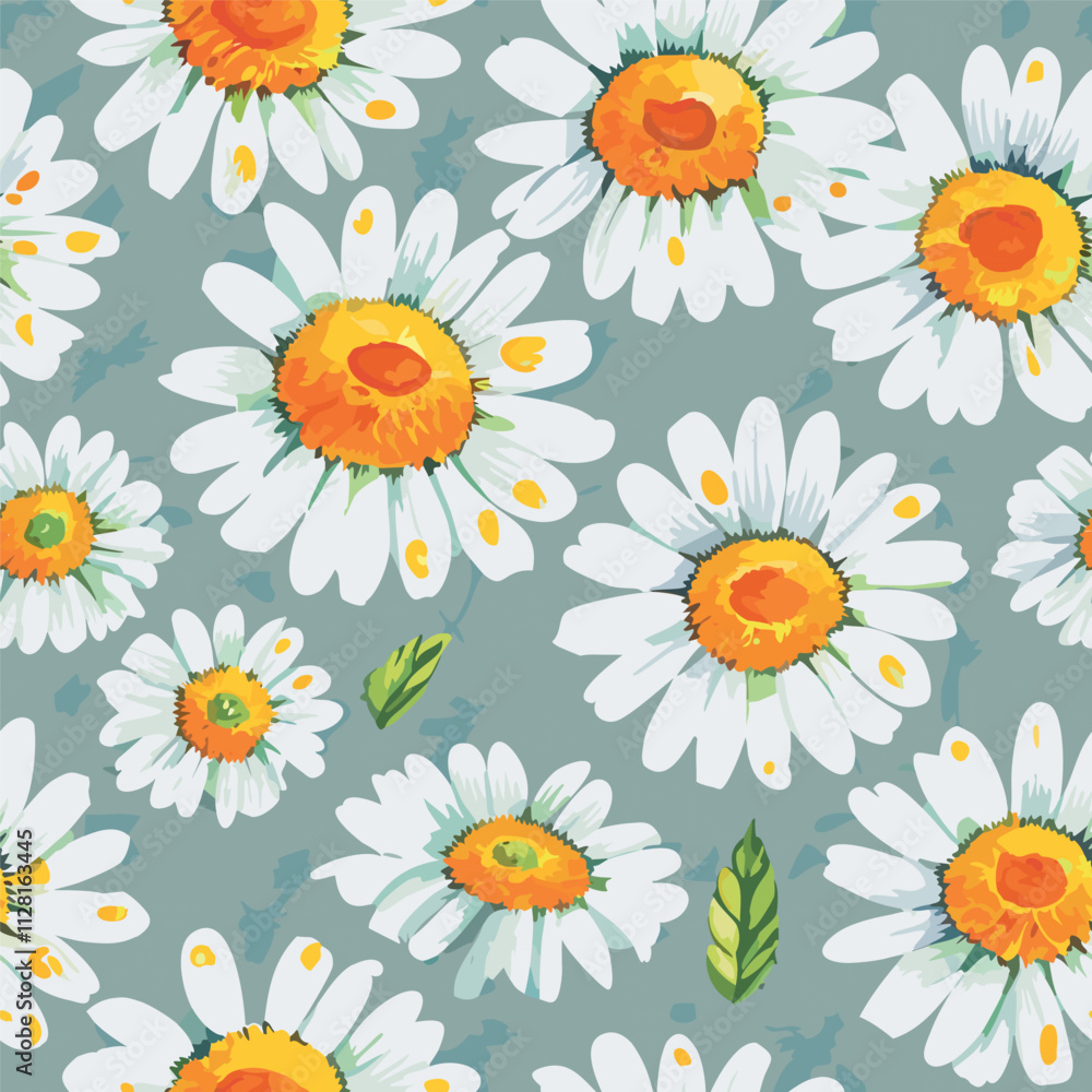 Seamless pattern with white daisies or camomiles and green leaves on a blue background, perfect for textiles, wrapping paper, and floral themed designs. Seamless pattern with white daisies or camomiles and green leaves on a blue background, perfect for textiles, wrapping paper, and floral themed designs.