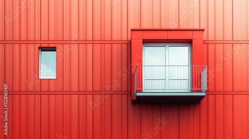 Vivid red building facade with modern balcony and window showcasing contemporary architectural design elements from a shipping container. 