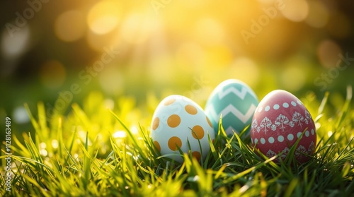 Easter eggs on the lawn in beautiful sunlight.