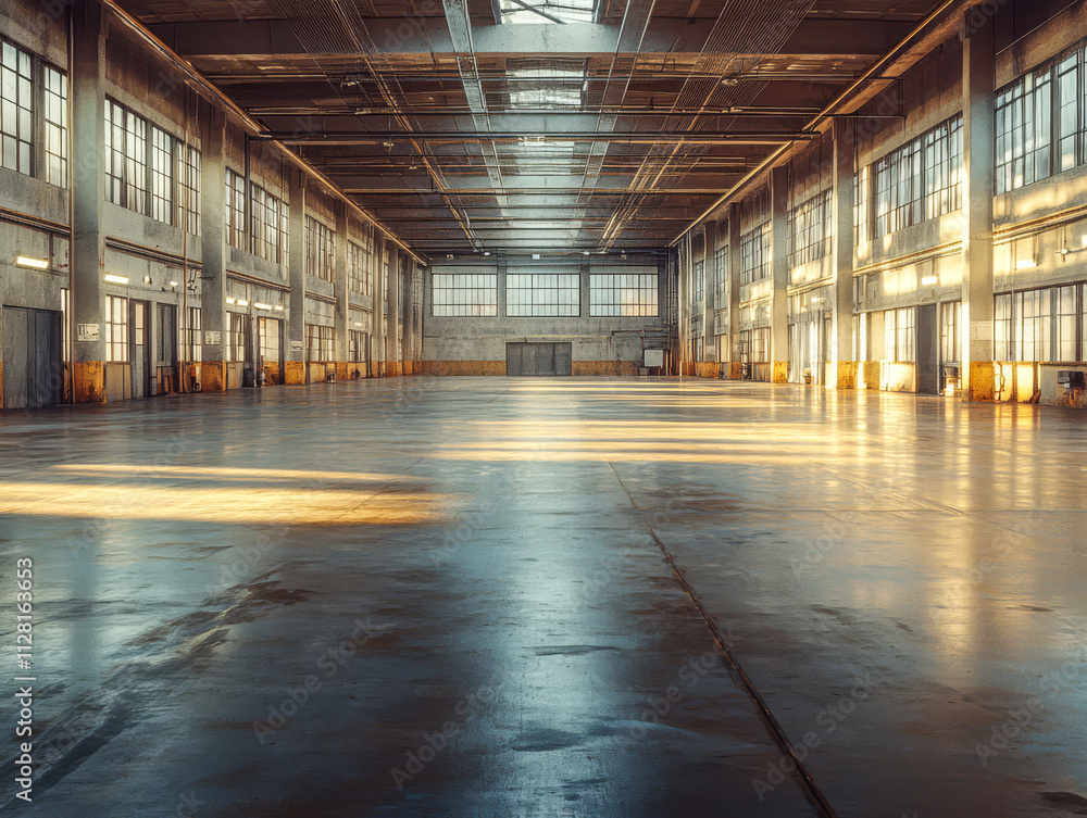 Bright natural light illuminates spacious industrial warehouse with polished concrete floor Bright natural light illuminates spacious industrial warehouse with polished concrete floor