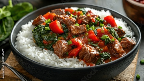 Steamed rice with beef stew, red peppers, and spinach in a black bowl