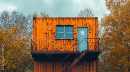 Colorful container house stands out against autumn trees under a moody sky