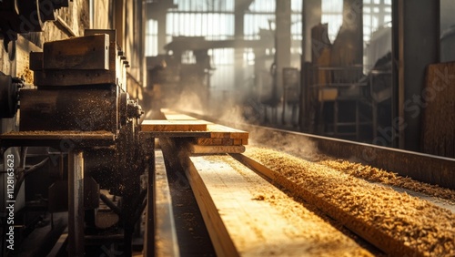 Wood processing in a sawmill with machinery and sawdust