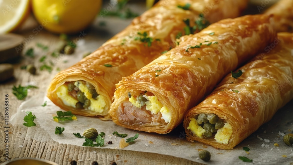 Golden Flaky Pastry Rolls with Cheese and Vegetables Golden Flaky Pastry Rolls with Cheese and Vegetables