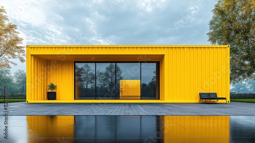 The bright yellow mobile home from a container. The modern structure stands out against a cloudy sky in an urban landscape