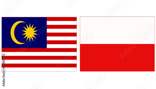 Photography Malaysia national flag with Poland Official flag, both countries flags are in Horizontal shape and isolated on white background