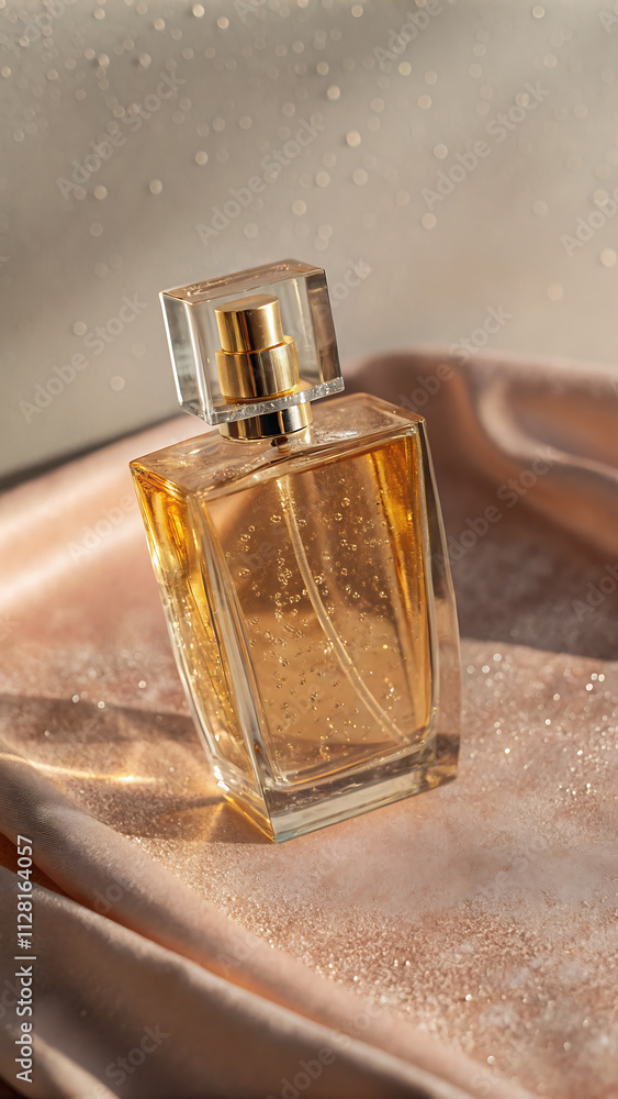 A bottle of perfume is on a table next to some flowers A bottle of perfume is on a table next to some flowers
