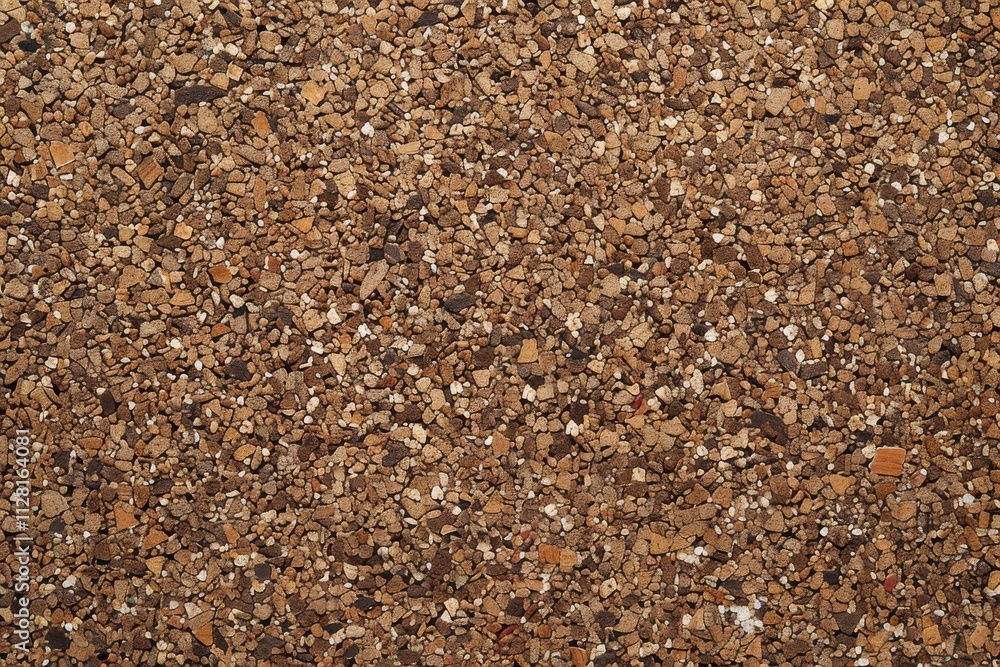 Close-up view of a textured brown gravel surface in natural light, showcasing various stone sizes and colors Close-up view of a textured brown gravel surface in natural light, showcasing various stone sizes and colors