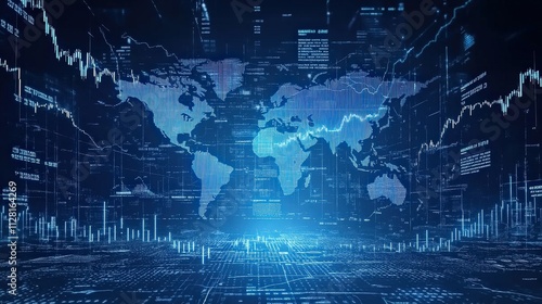 Fototapeta Naklejka Na Ścianę i Meble -  Global technology economy network. Digital data visualization on a world map with analytics and chart elements. Blue futuristic interface for finance and business applications.