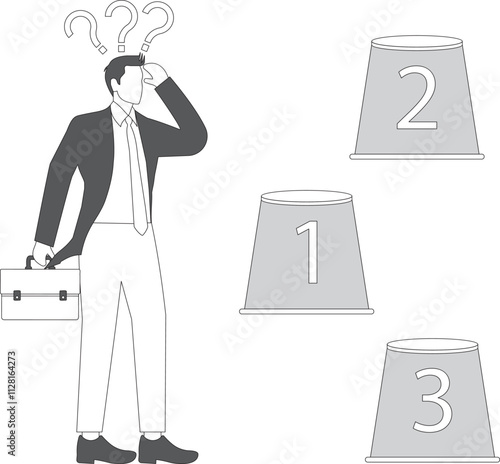 Choice, Thinking and Decision Making, Doubting Confusion and Thinking about making the best decision, Businessman thinking about which of the three cups in front of him should be chosen