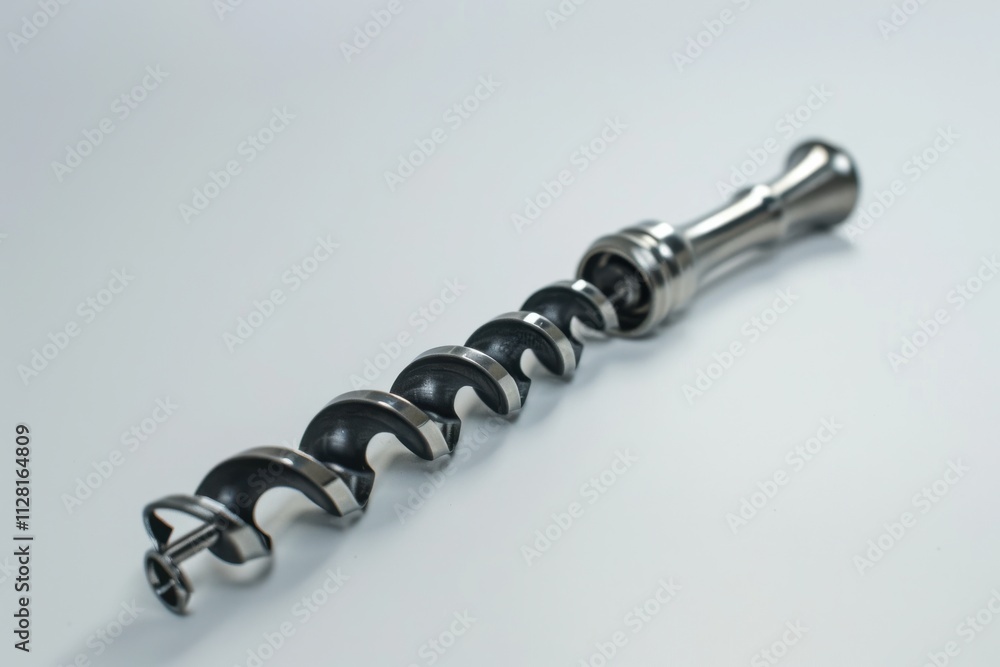 A stainless steel corkscrew lying on a white surface, showcasing its spiral design and functional grip A stainless steel corkscrew lying on a white surface, showcasing its spiral design and functional grip