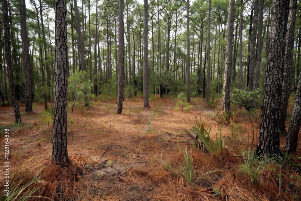 Fototapeta premium Serene Pine Forest: Tall Trees, Needle-Covered Ground