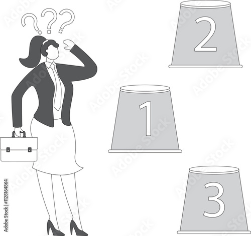 Choice, Thinking and Decision Making, Doubting Confusion and Thinking about making the best decision, Businesswoman thinking about which of the three cups in front of him should be chosen