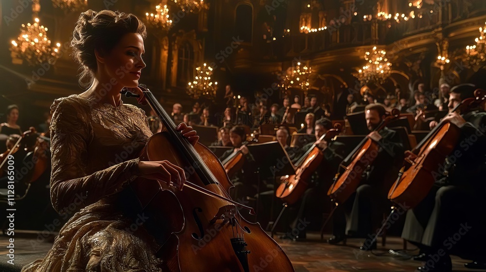 Fototapeta premium A captivating performance in an opulent setting, showcasing a musician skillfully playing the cello amidst a full orchestra.