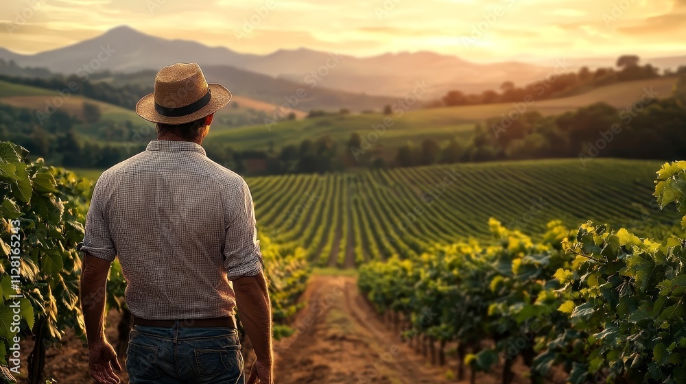 A man stands in a vineyard at sunset, enjoying the serene landscape and reflecting on the beauty of nature.