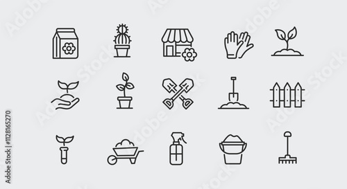 Garden icons set. A collection of 15 essential gardening symbols including tools, plants, and equipment, ideal for landscaping themes, horticultural websites. Vector illustration