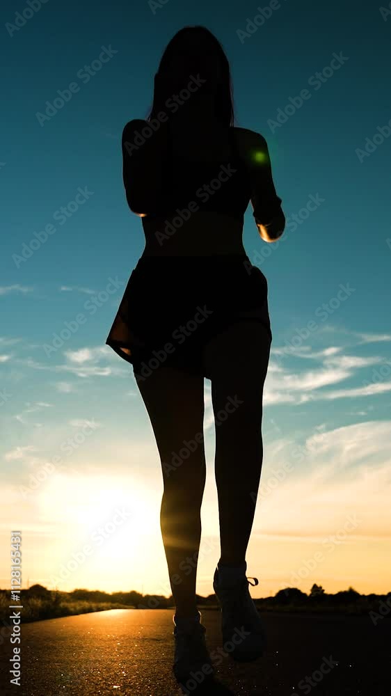 silhouette sports girl running legs along road sunset, fitness man checking result. beautiful woman tracksuit, athlete legs rest, healthy lifestyle, stretching body, runner start dark, woman runner