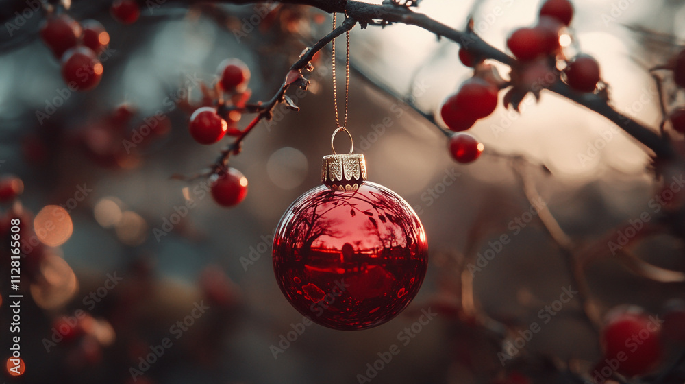 Fototapeta premium Beautiful red ornament hanging on a tree branch during the warm glow of evening light