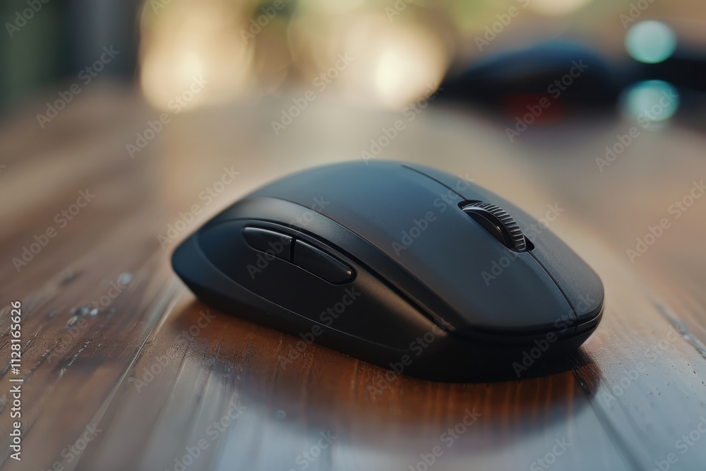 Black ergonomic computer mouse on a wooden desk in a modern workspace during daylight Black ergonomic computer mouse on a wooden desk in a modern workspace during daylight