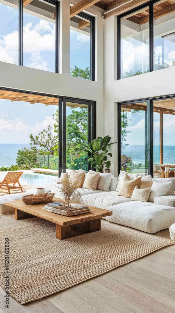 Modern coastal living room with ocean view and natural light in spacious design Modern coastal living room with ocean view and natural light in spacious design