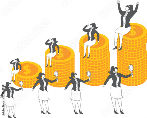 Employee performance marketing totals appraisal and review, Best Employee Competition, Employee Competition and Improvement, four managers with magnifying glasses reviewing the total annual earnings o