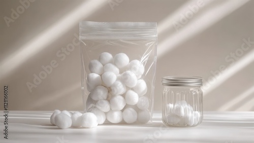 Cotton balls in a transparent plastic bag beside a jar on a white surface