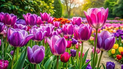 Stunning aerial drone photography captures a vibrant pink and purple tulip garden in full bloom.