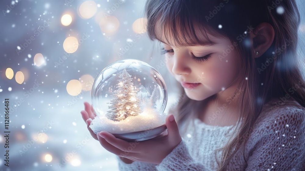 Naklejka premium Young girl holding a glowing snow globe with a wintry scene
