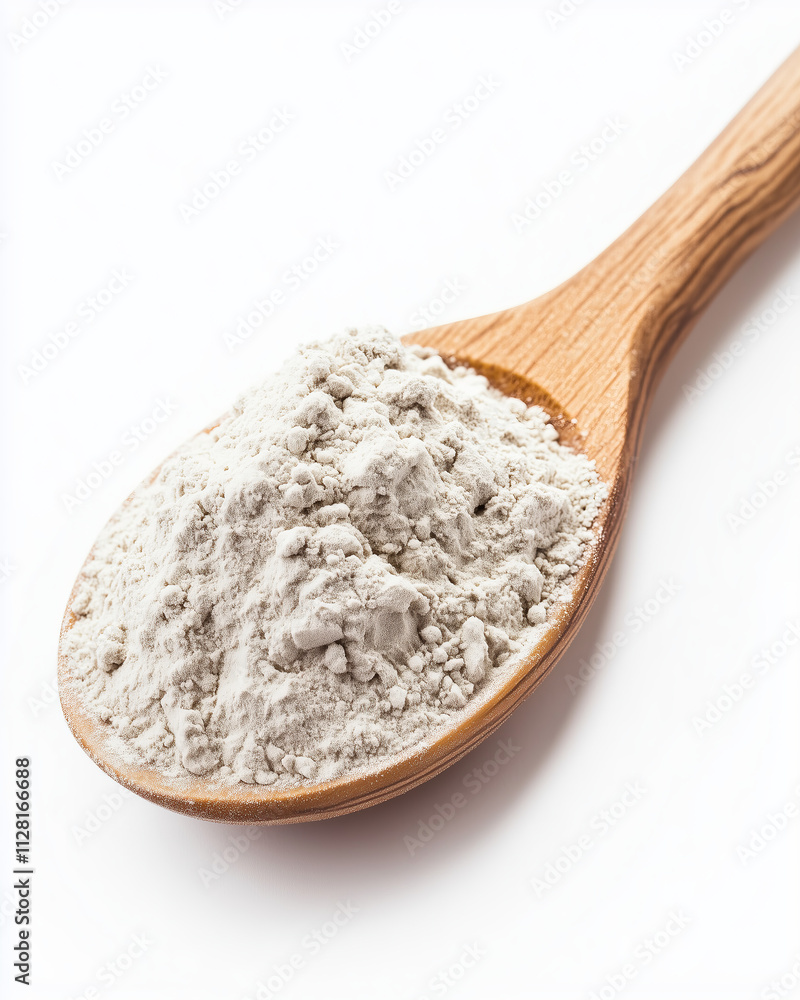 Wooden spoon with white powder close-up
Wooden spoon with white powder close-up