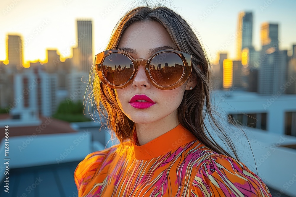 Stylish woman with sunglasses and vibrant attire at sunset in urban setting Stylish woman with sunglasses and vibrant attire at sunset in urban setting
