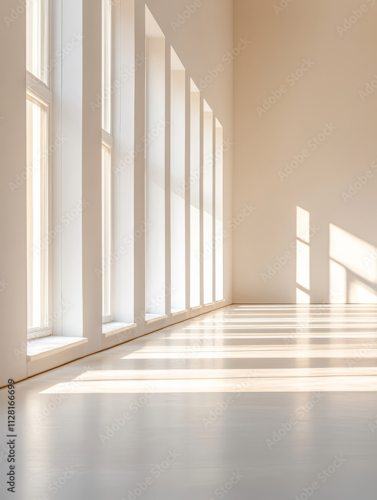 Sunlight streaming through large windows in a minimalistic interior space Sunlight streaming through large windows in a minimalistic interior space