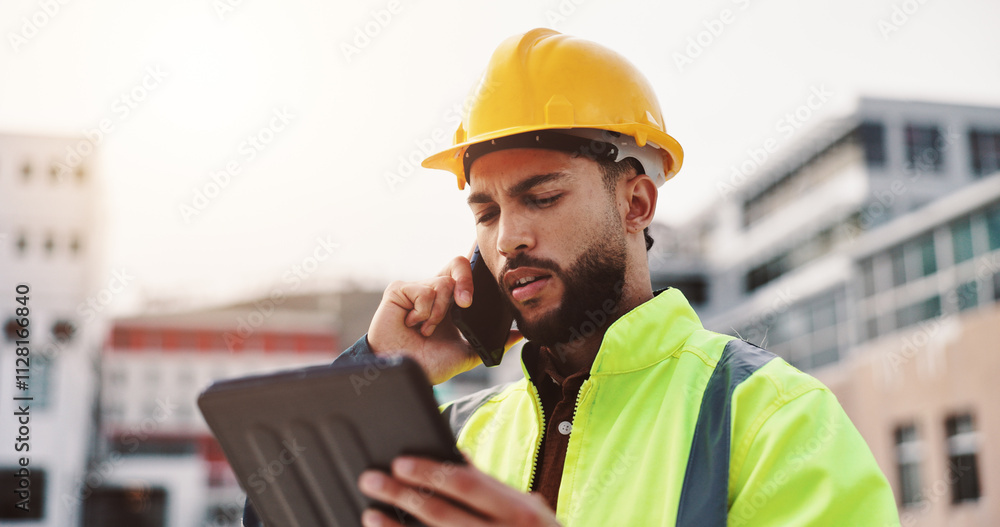 Phone call, tablet and contractor on construction site with city development, talking or planning. Technology, industry or man with blueprint discussion for renovation approval or engineering project Phone call, tablet and contractor on construction site with city development, talking or planning. Technology, industry or man with blueprint discussion for renovation approval or engineering project