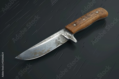 A rustic knife with a wooden handle placed on a dark background, showcasing wear and age photo