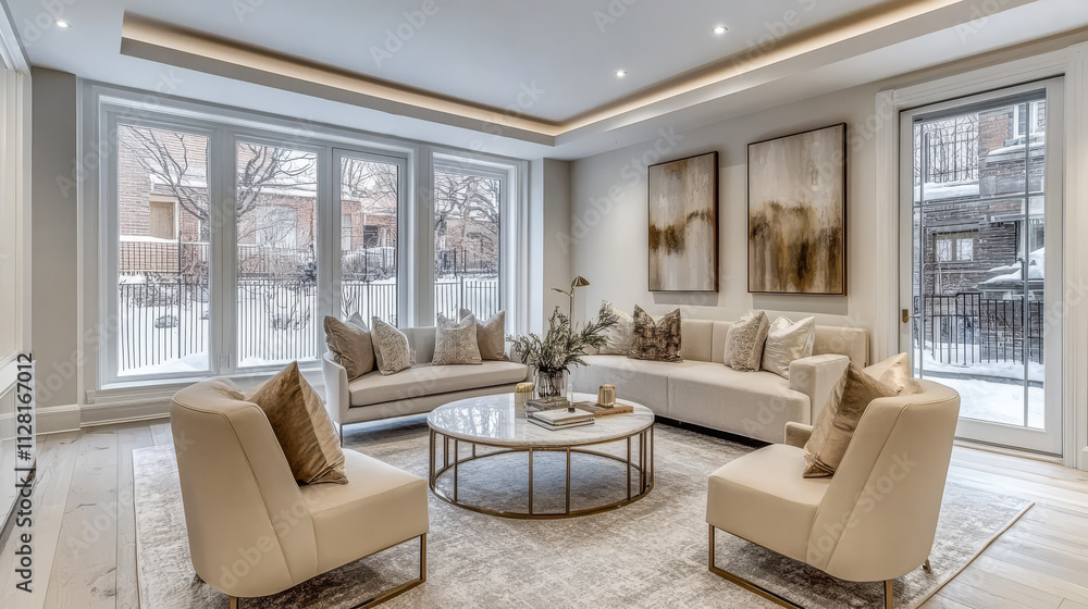 Cozy modern living room with large windows showcasing snowy scenery in winter Cozy modern living room with large windows showcasing snowy scenery in winter