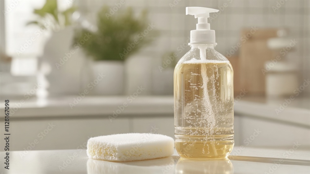 Transparent soap dispenser and cleaning sponge on kitchen counter Transparent soap dispenser and cleaning sponge on kitchen counter