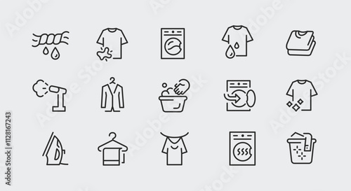 Laundry icons. Set of 15 laundry trendy minimal icons. Stain, washing machine, laundry basket, hand wash, dryer icon. Design signs for web page, mobile app, packaging design. Vector illustration