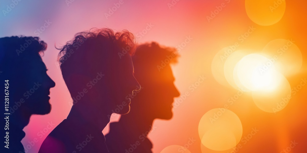 This striking silhouette image showcases three men's profiles set against a colorful sunset backdrop, evoking feelings of contemplation and connection among individuals. This striking silhouette image showcases three men's profiles set against a colorful sunset backdrop, evoking feelings of contemplation and connection among individuals.