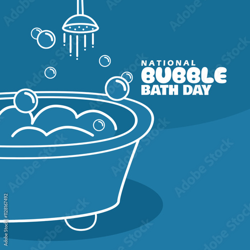 National Bubble Bath Day to celebrate on January 8th. Line art illustration of a bathtub with foam, bubbles and a shower on teal background.