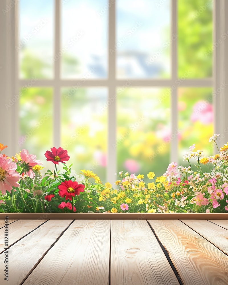 Fototapeta premium Colorful garden flowers by a sunny window 