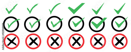 Check mark icon set. Check mark and cross mark icon button set. Red and green checklist  Check box icon with right and wrong buttons and yes or no checkmark icon set  isolated on white background.