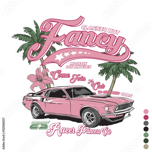 Fantastic pink racing design with classic car illustration