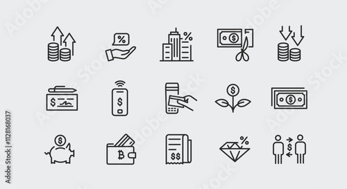 Finance Icons. A collection of 15 streamlined and modern icons representing key concepts in finance and investment. Examples include Profit Growth, Interest Rate, Bank Building. Vector illustration