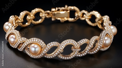 Elegant gold bracelet with pearls and diamonds. photo