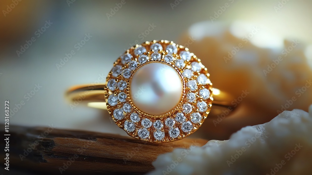 Elegant gold ring with pearl and diamonds. Elegant gold ring with pearl and diamonds.