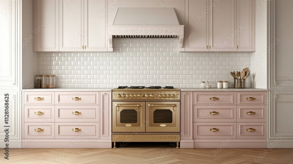 Fototapeta premium Elegant pink kitchen with gold oven and white tile backsplash.