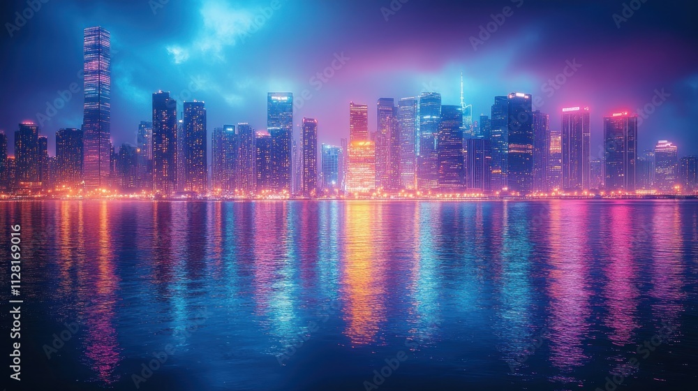 Vibrant cityscape at night, reflected in calm water. Vibrant cityscape at night, reflected in calm water.