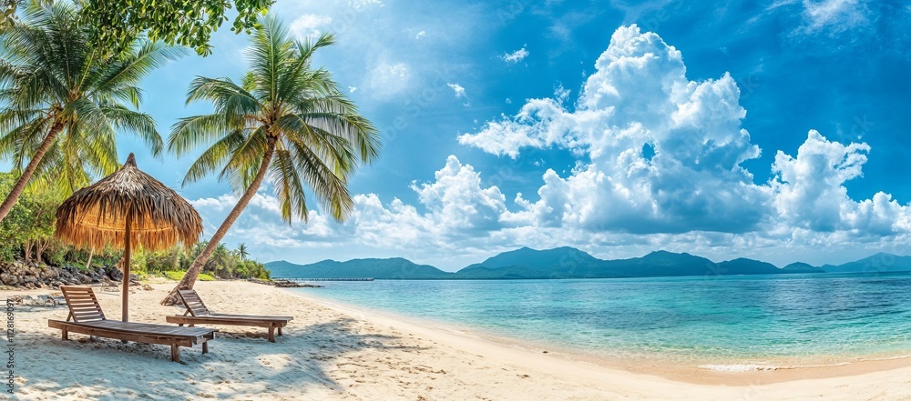 Panoramic View of Idyllic Tropical Beach with Palm Trees and Loungers AI generated illustration