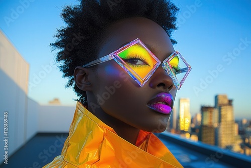 Vibrant fashion portrait of stylish model with colorful makeup and bold sunglasses at sunset photo