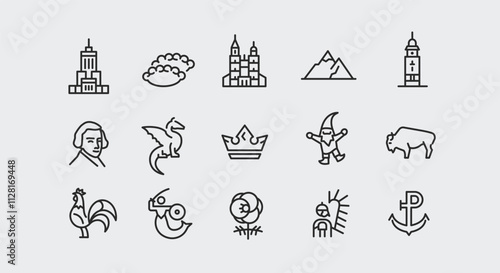 Poland icons. Set of 15 trendy minimal icons representing Polish culture, landmarks, and folklore such as the Wawel Dragon, Warsaw Mermaid, Tatra Mountains. Vector illustration. 